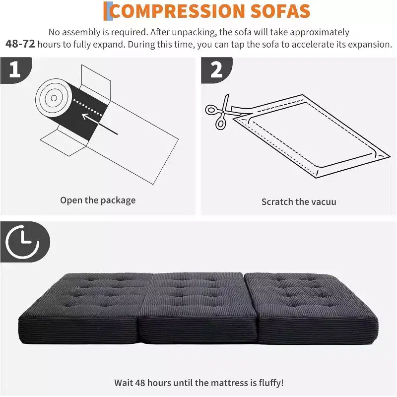 Matelas pliable 3 volets, 80,4x60, en mousse, canapé/lit d'appoint, velours côtelé capitonné, portable et offrant un bon maintien pour le camping/salon/chambre, gris