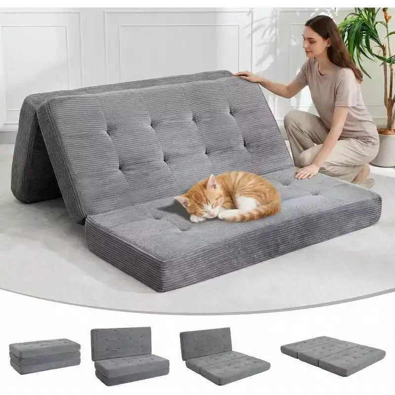 Matelas pliable 3 volets, 80,4x60, en mousse, canapé/lit d'appoint, velours côtelé capitonné, portable et offrant un bon maintien pour le camping/salon/chambre, gris