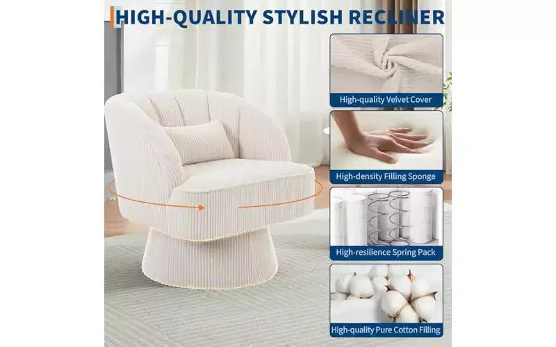 Fauteuil pivotant GustoWave, fauteuil d'appoint en velours 360 avec rembourrage épais, chaise longue moderne du milieu du siècle pour salon, chambre à coucher, gris