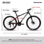 Vélo tout terrain NAYSAYE 26 pouces 21 vitesses pour adulte avec cadre en acier à haute teneur en carbone et double frein à disque mécanique, 67*26,5*38