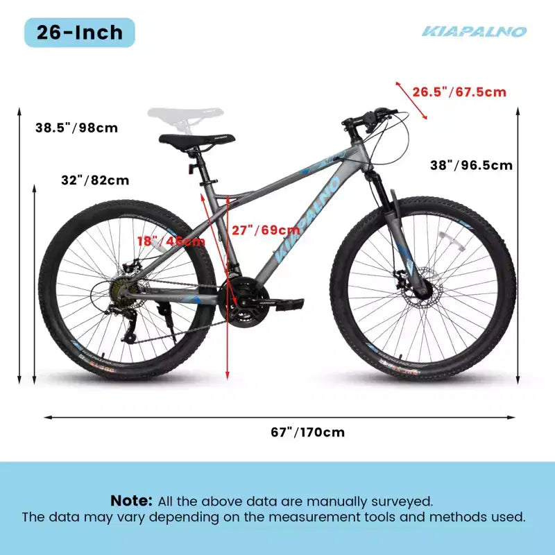 Vélo tout terrain NAYSAYE 26 pouces 21 vitesses pour adulte avec cadre en acier à haute teneur en carbone et double frein à disque mécanique, 67*26,5*38