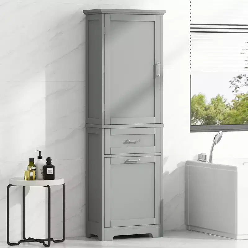 Armoire haute de salle de bain, Meuble de rangement autoportant avec deux tiroirs et étagères réglables