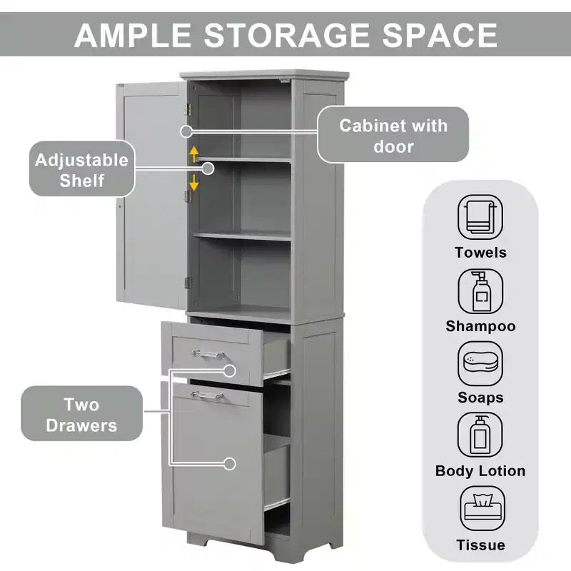 Armoire haute de salle de bain, Meuble de rangement autoportant avec deux tiroirs et étagères réglables