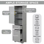 Armoire haute de salle de bain, Meuble de rangement autoportant avec deux tiroirs et étagères réglables