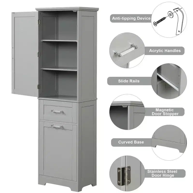 Armoire haute de salle de bain, Meuble de rangement autoportant avec deux tiroirs et étagères réglables