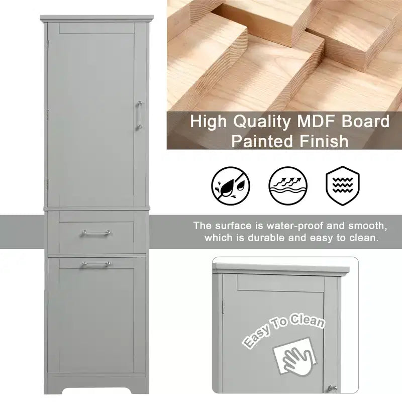 Armoire haute de salle de bain, Meuble de rangement autoportant avec deux tiroirs et étagères réglables