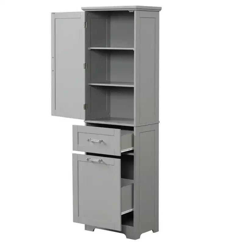 Armoire haute de salle de bain, Meuble de rangement autoportant avec deux tiroirs et étagères réglables