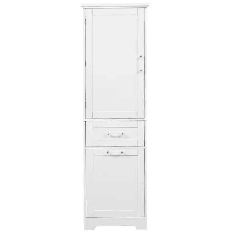 Armoire haute de salle de bain, Meuble de rangement autoportant avec deux tiroirs et étagères réglables