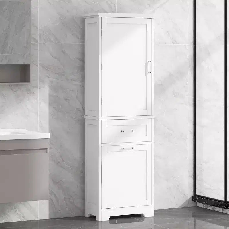 Armoire haute de salle de bain, Meuble de rangement autoportant avec deux tiroirs et étagères réglables