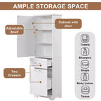 Armoire haute de salle de bain, Meuble de rangement autoportant avec deux tiroirs et étagères réglables