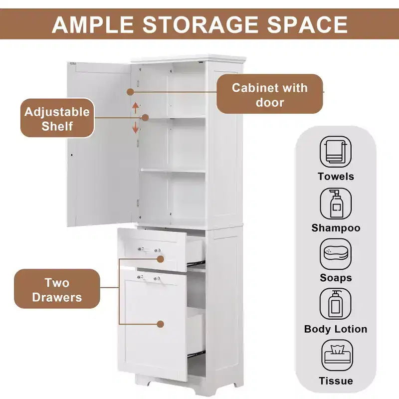 Armoire haute de salle de bain, Meuble de rangement autoportant avec deux tiroirs et étagères réglables