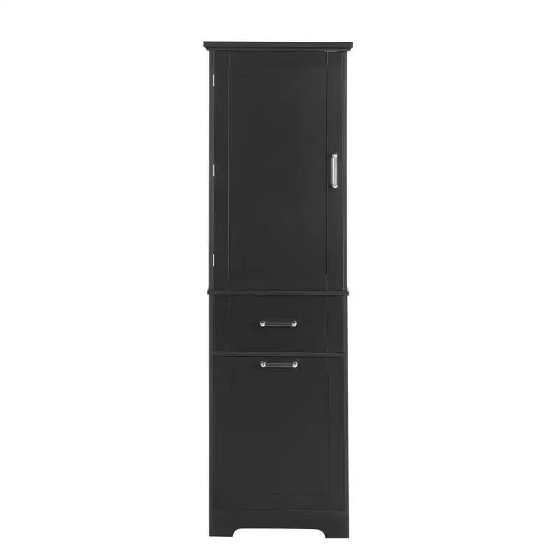 Armoire haute de salle de bain, Meuble de rangement autoportant avec deux tiroirs et étagères réglables