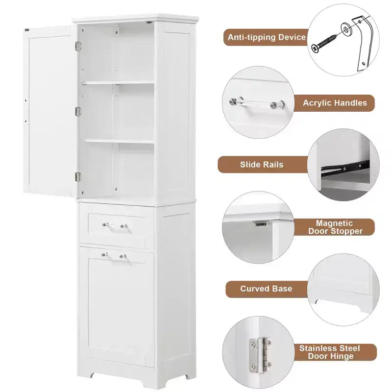 Armoire haute de salle de bain, Meuble de rangement autoportant avec deux tiroirs et étagères réglables