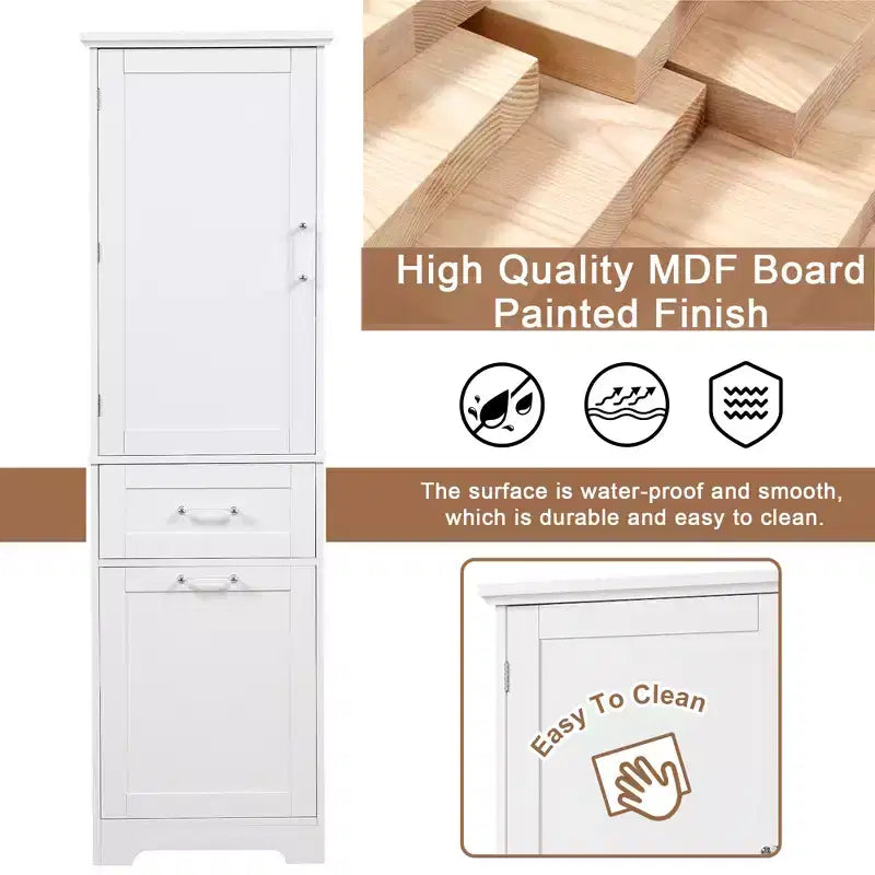 Armoire haute de salle de bain, Meuble de rangement autoportant avec deux tiroirs et étagères réglables