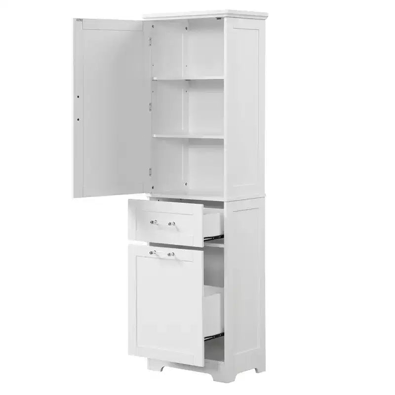 Armoire haute de salle de bain, Meuble de rangement autoportant avec deux tiroirs et étagères réglables