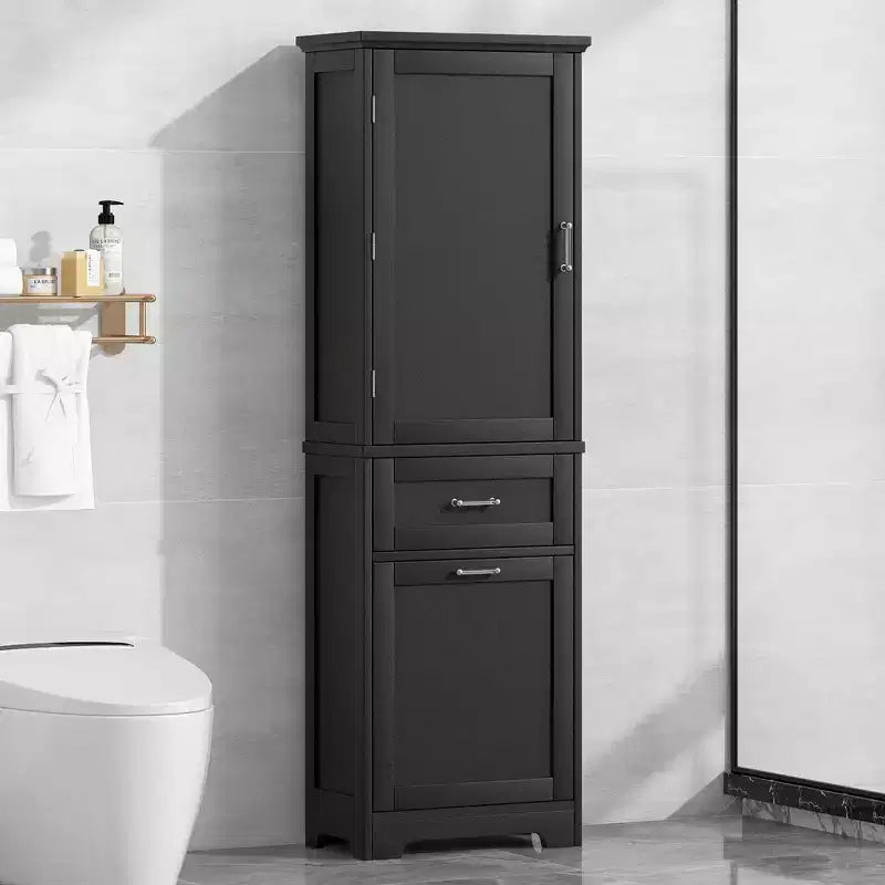 Armoire haute de salle de bain, Meuble de rangement autoportant avec deux tiroirs et étagères réglables