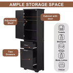 Armoire haute de salle de bain, Meuble de rangement autoportant avec deux tiroirs et étagères réglables