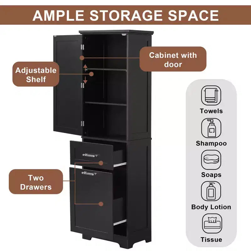 Armoire haute de salle de bain, Meuble de rangement autoportant avec deux tiroirs et étagères réglables