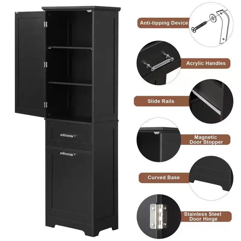 Armoire haute de salle de bain, Meuble de rangement autoportant avec deux tiroirs et étagères réglables