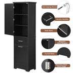 Armoire haute de salle de bain, Meuble de rangement autoportant avec deux tiroirs et étagères réglables