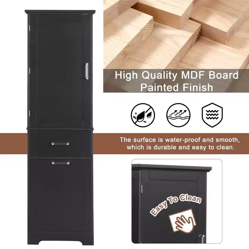 Armoire haute de salle de bain, Meuble de rangement autoportant avec deux tiroirs et étagères réglables