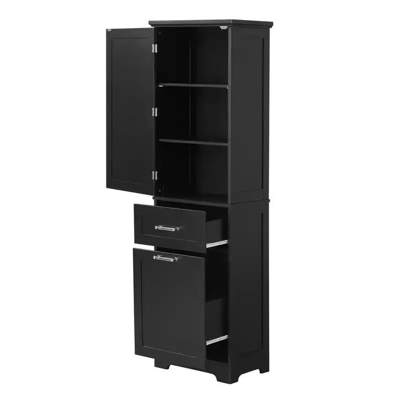 Armoire haute de salle de bain, Meuble de rangement autoportant avec deux tiroirs et étagères réglables