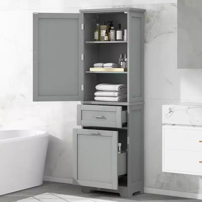 Armoire haute de salle de bain, Meuble de rangement autoportant avec deux tiroirs et étagères réglables