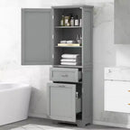 Armoire haute de salle de bain, Meuble de rangement autoportant avec deux tiroirs et étagères réglables