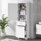 Armoire haute de salle de bain, Meuble de rangement autoportant avec deux tiroirs et étagères réglables