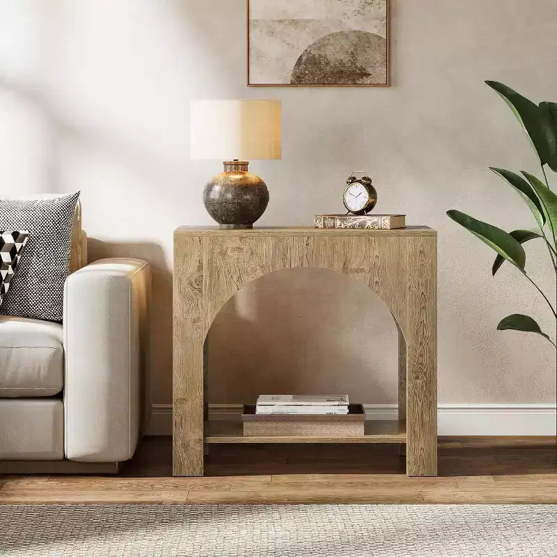 Table d'appoint Lantine Farmhouse : Grand piédestal en bois robuste, rangement, pour salon/chambre à coucher, meuble d'appoint, Chêne brun clair.
