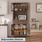 Garde-manger de cuisine autoportant de 72 po de haut – 2 portes vitrées, 2 portes en bois, tiroir, étagères réglables