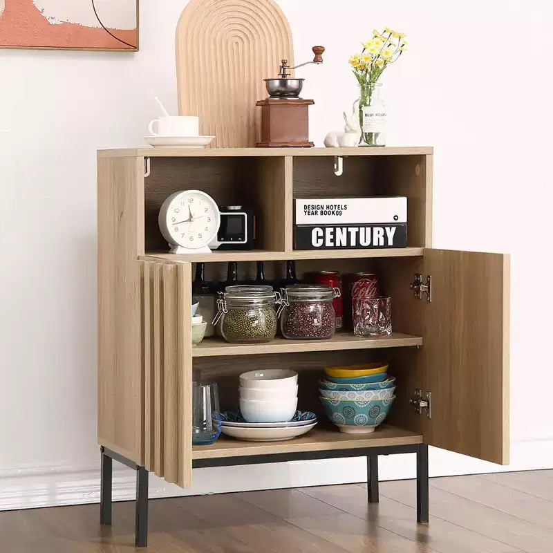 Meuble Buffet de Rangement, Buffet avec 2 Portes Cannelées, Table Bar à Café en Bois pour Entrée, Couloir, Cuisine, Salle à Manger, Salon