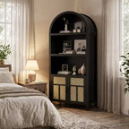 FurnitureR Arched Bookshelf Storage Cabinet with Rattan Doors, Tall Display Shelf Bookcase with Storage for Living Room, Bedroom, Entryway Organizer