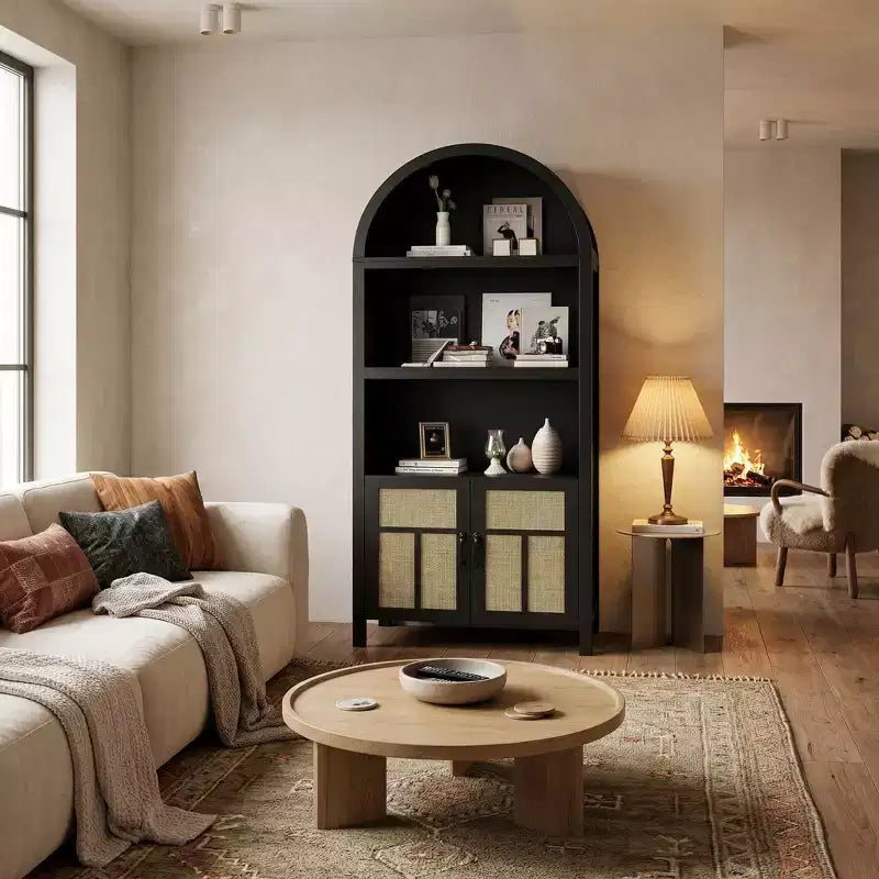 Meuble de rangement FurnitureR Bibliothèque cintrée avec portes en rotin, Étagère haute de présentation avec rangement pour salon, chambre à coucher, organisateur d'entrée