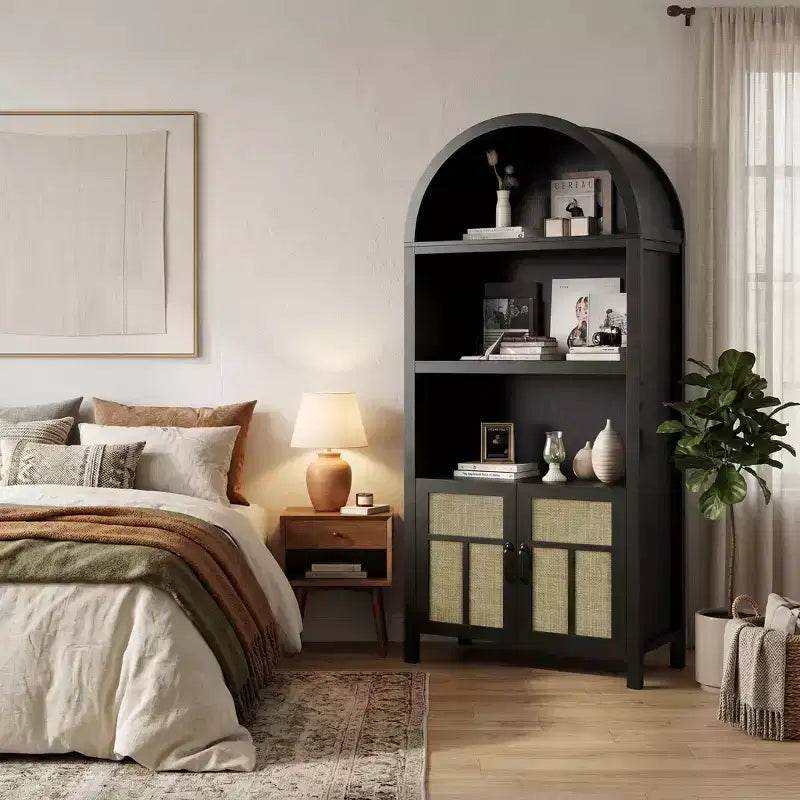 Meuble de rangement FurnitureR Bibliothèque cintrée avec portes en rotin, Étagère haute de présentation avec rangement pour salon, chambre à coucher, organisateur d'entrée
