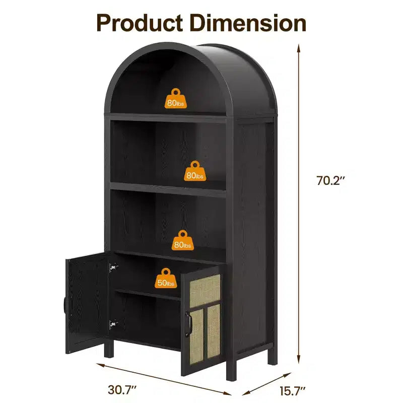 Meuble de rangement FurnitureR Bibliothèque cintrée avec portes en rotin, Étagère haute de présentation avec rangement pour salon, chambre à coucher, organisateur d'entrée