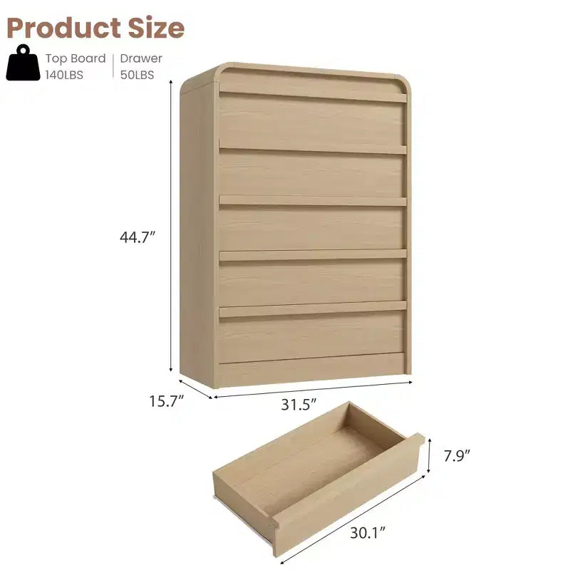 Commode en bois Acekool à 5 tiroirs, organisateur de rangement au design incurvé pour chambre à coucher, salon, entrée, chêne naturel