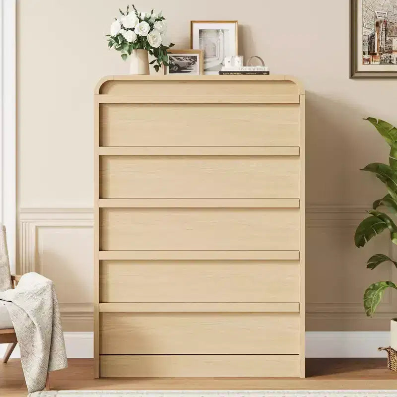Commode en bois Acekool à 5 tiroirs, organisateur de rangement au design incurvé pour chambre à coucher, salon, entrée, chêne naturel
