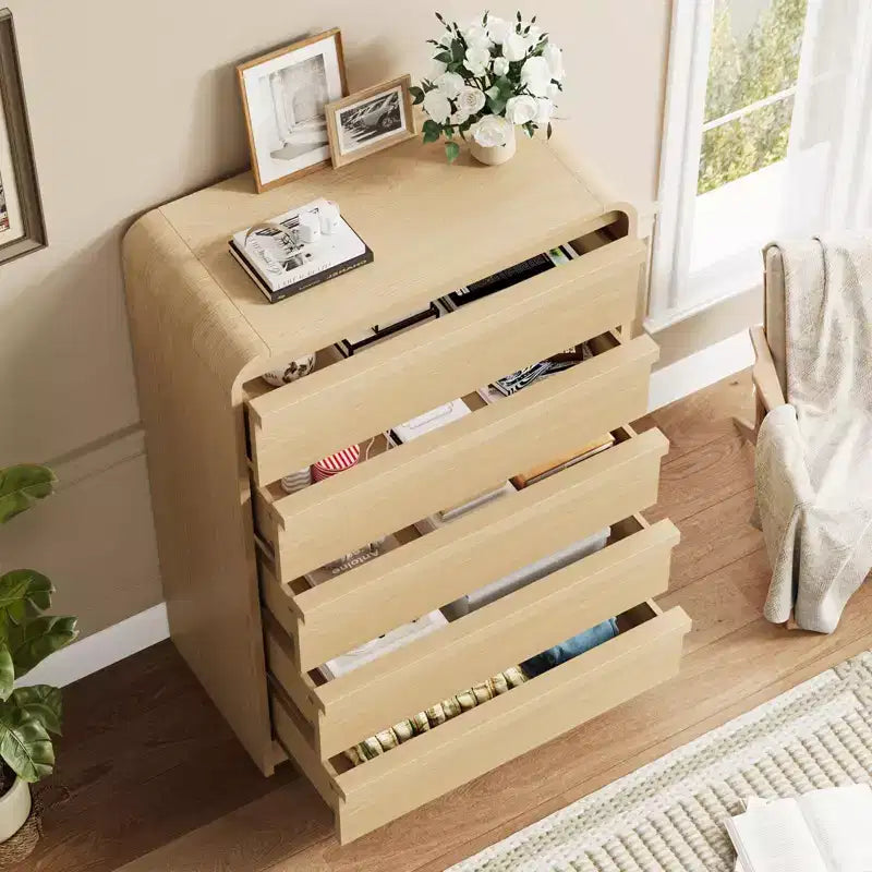Commode en bois Acekool à 5 tiroirs, organisateur de rangement au design incurvé pour chambre à coucher, salon, entrée, chêne naturel