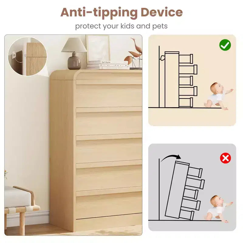 Commode en bois Acekool à 5 tiroirs, organisateur de rangement au design incurvé pour chambre à coucher, salon, entrée, chêne naturel