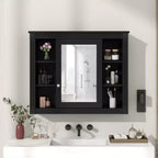 AMMER 35'' x 28'' Wall Mounted Bathroom Storage Cabinet, Modern Bathroom Wall Cabinet with Mirror, Mirror Cabinet with 6 Open Shelves, Black