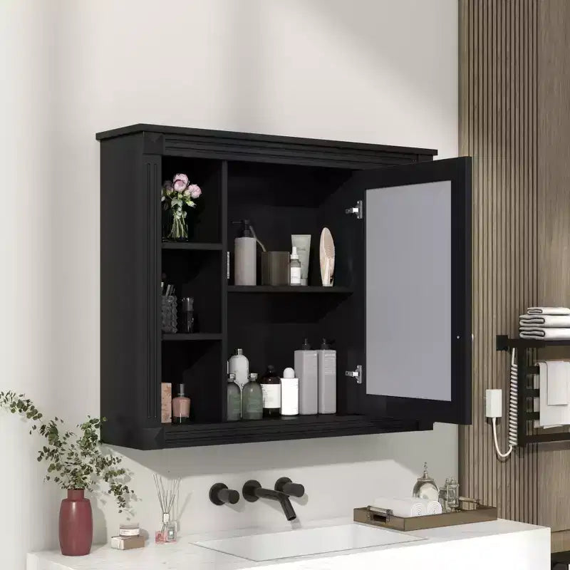 AMMER Armoire de salle de bain murale 35'' x 28'', Armoire murale de salle de bain moderne avec miroir, Armoire de toilette avec 6 étagères ouvertes, Noir