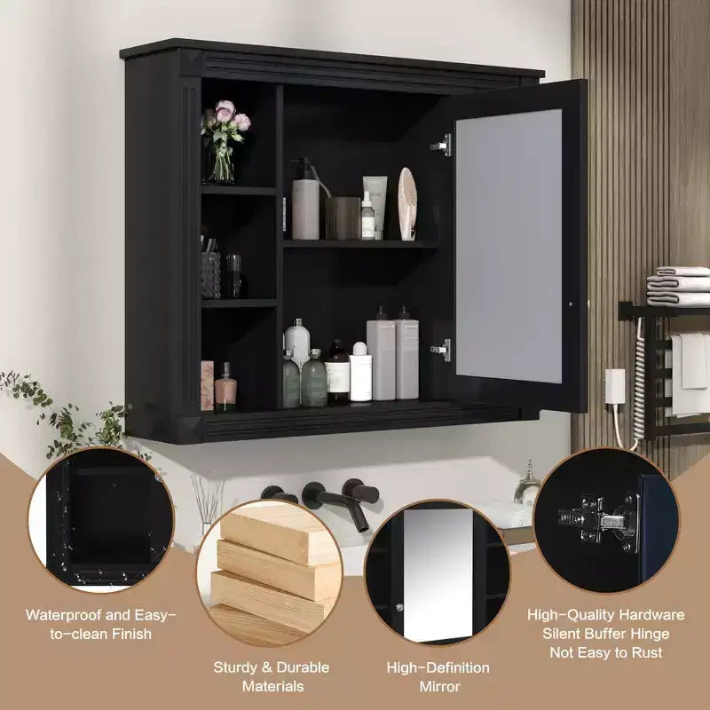 AMMER Armoire de salle de bain murale 35'' x 28'', Armoire murale de salle de bain moderne avec miroir, Armoire de toilette avec 6 étagères ouvertes, Noir