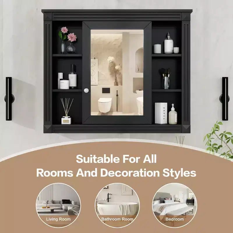 AMMER Armoire de salle de bain murale 35'' x 28'', Armoire murale de salle de bain moderne avec miroir, Armoire de toilette avec 6 étagères ouvertes, Noir
