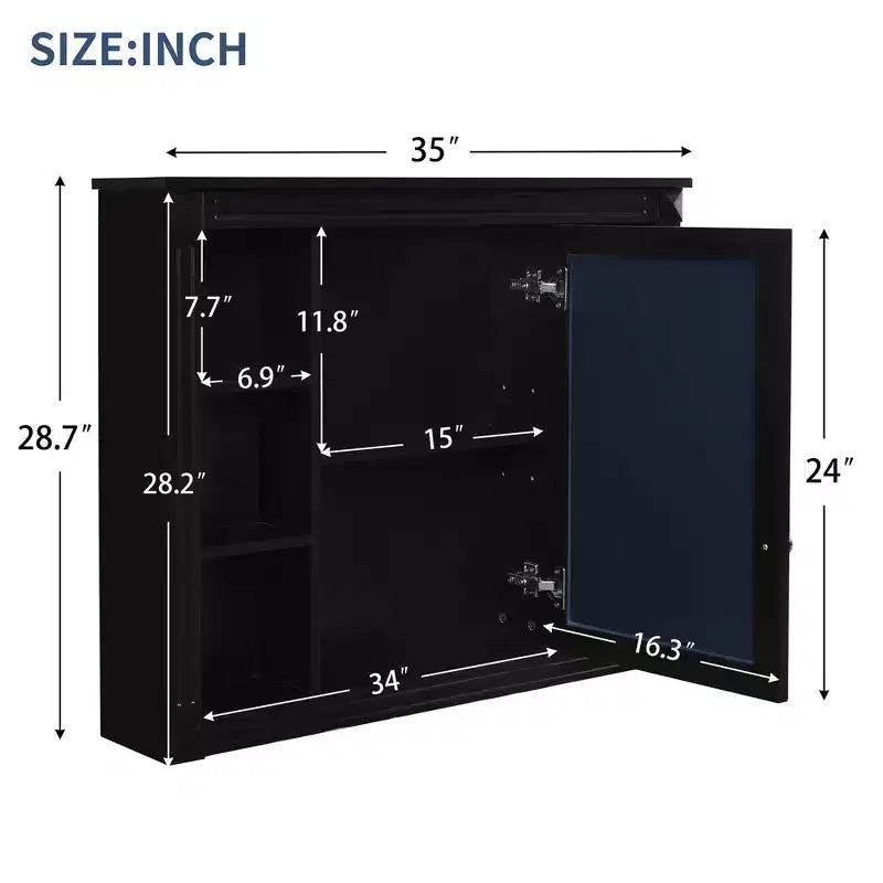 AMMER Armoire de salle de bain murale 35'' x 28'', Armoire murale de salle de bain moderne avec miroir, Armoire de toilette avec 6 étagères ouvertes, Noir