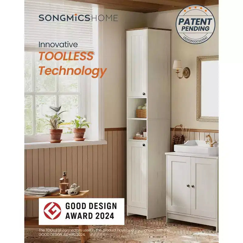 SONGMICS HOME Meuble de rangement, assemblage sans outil ultrarapide, armoire haute et mince avec étagères réglables, compartiments ouverts, blanc rustique