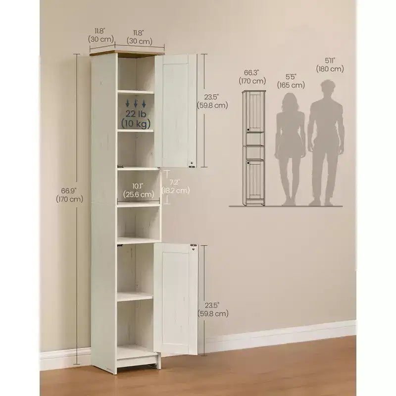SONGMICS HOME Meuble de rangement, assemblage sans outil ultrarapide, armoire haute et mince avec étagères réglables, compartiments ouverts, blanc rustique