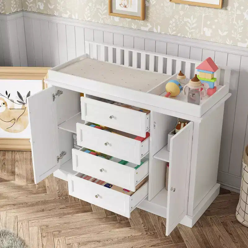 Commode à langer blanche Famapy - Organisateur de chambre d'enfant spacieux avec tiroirs et armoires pour couches, vêtements et jouets