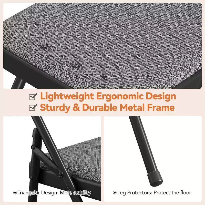 Lot de 4 chaises pliantes en lin rembourrées confortables - Cadre en métal durable, pieds antidérapants, empilables pour la maison, le bureau, la salle à manger, les sièges d'appoint intérieurs/extérieurs