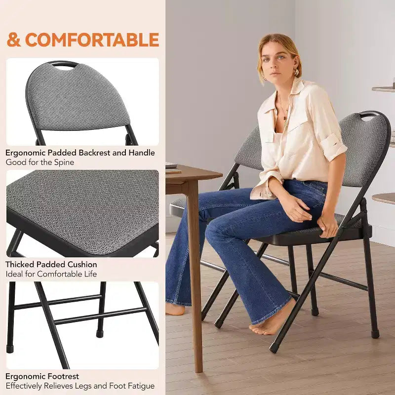 Lot de 4 chaises pliantes en lin rembourrées confortables - Cadre en métal durable, pieds antidérapants, empilables pour la maison, le bureau, la salle à manger, les sièges d'appoint intérieurs/extérieurs
